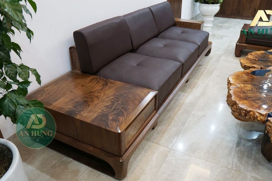 Sofa gỗ óc chó kết hợp cùng đệm da nhập khẩu cao cấp 