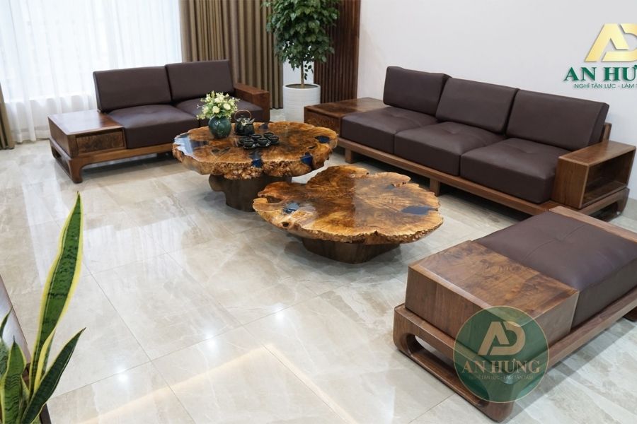 Sofa và bàn trà gỗ óc chó với thiết kế cao cấp, sang trọng