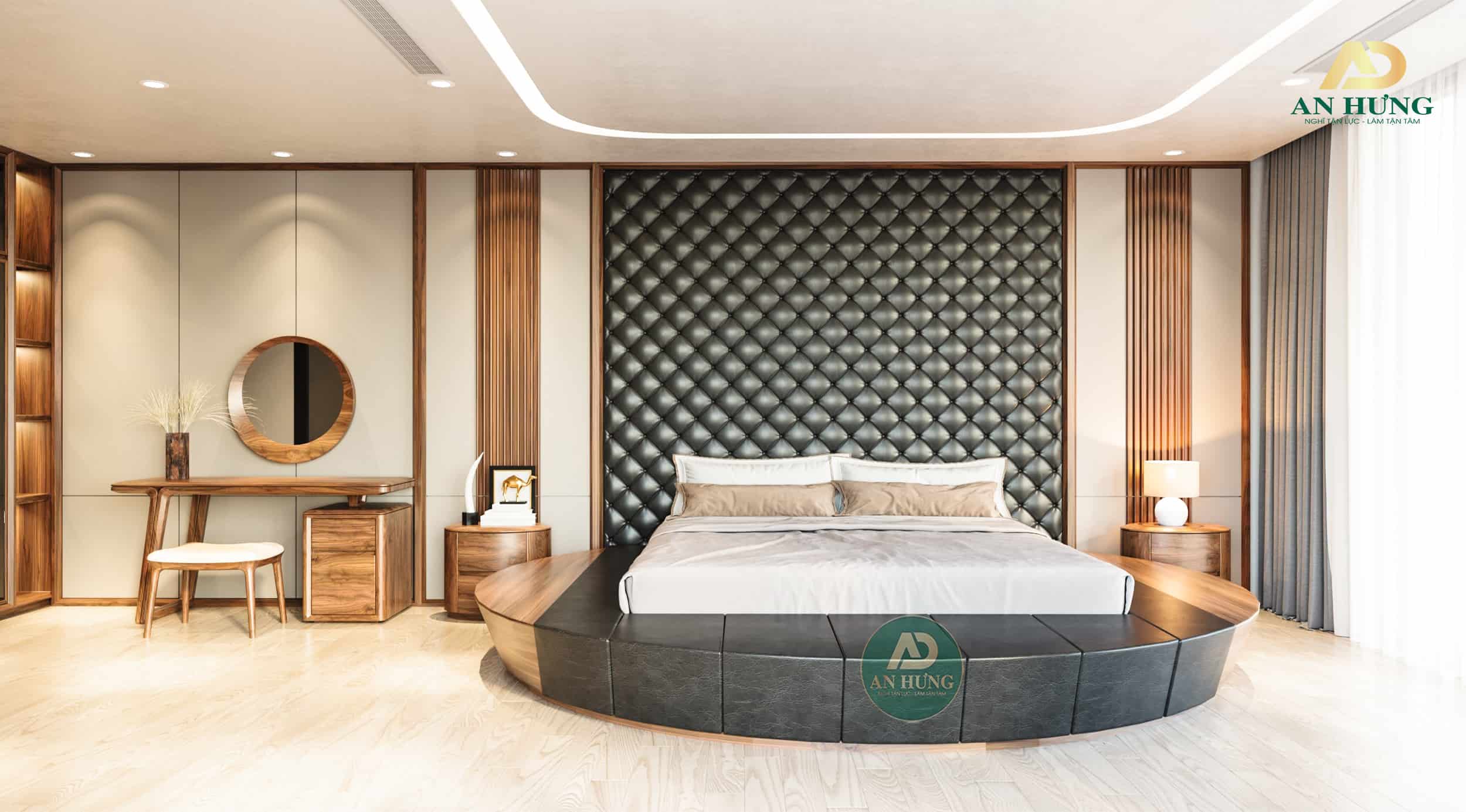 Nội thất phòng ngủ gỗ óc chó với chiếc giường tròn làm điểm nhấn trung tâm