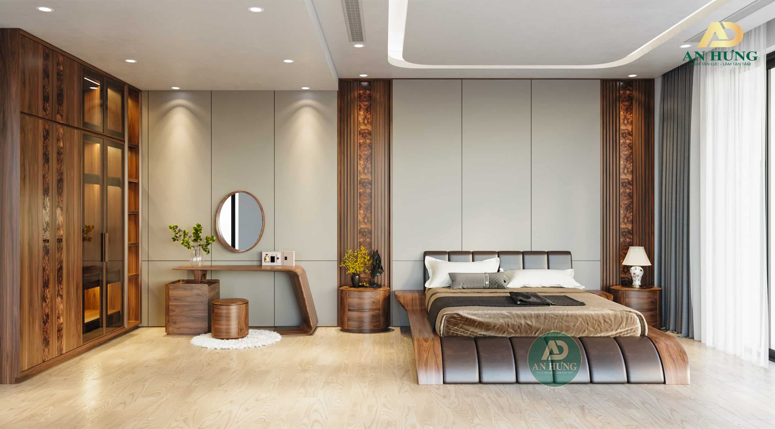 Phòng ngủ gỗ óc chó ấn tượng với chiếc giường lượn sóng mềm mại