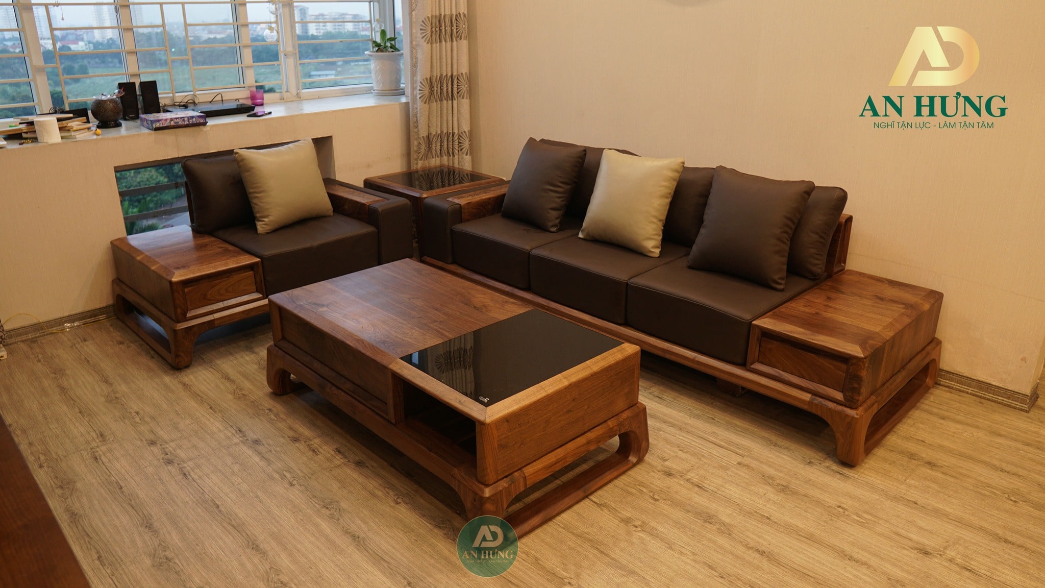 Sofa gỗ chữ I đơn giản