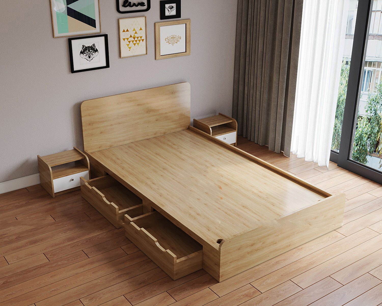 Thiết kế giường gỗ công nghiệp có hộc kéo
