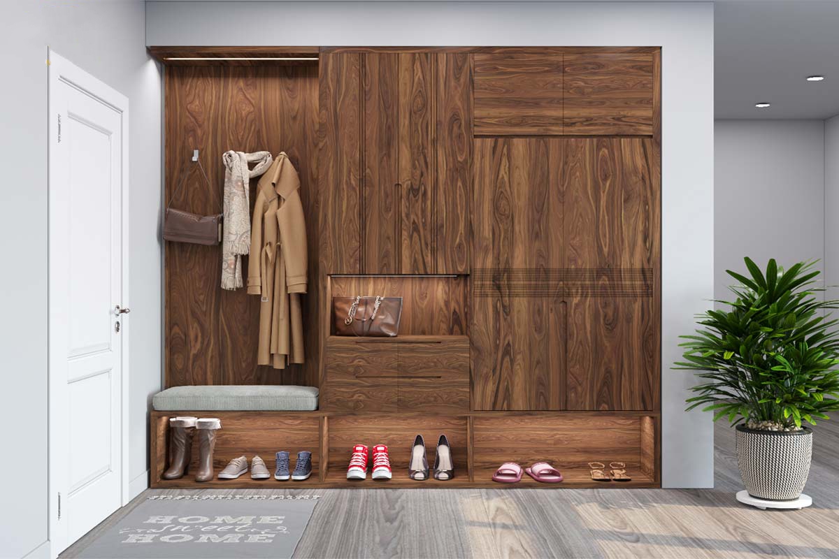 Tủ giày gỗ óc chó âm tường, thiết kế tối ưu diện tích không gian