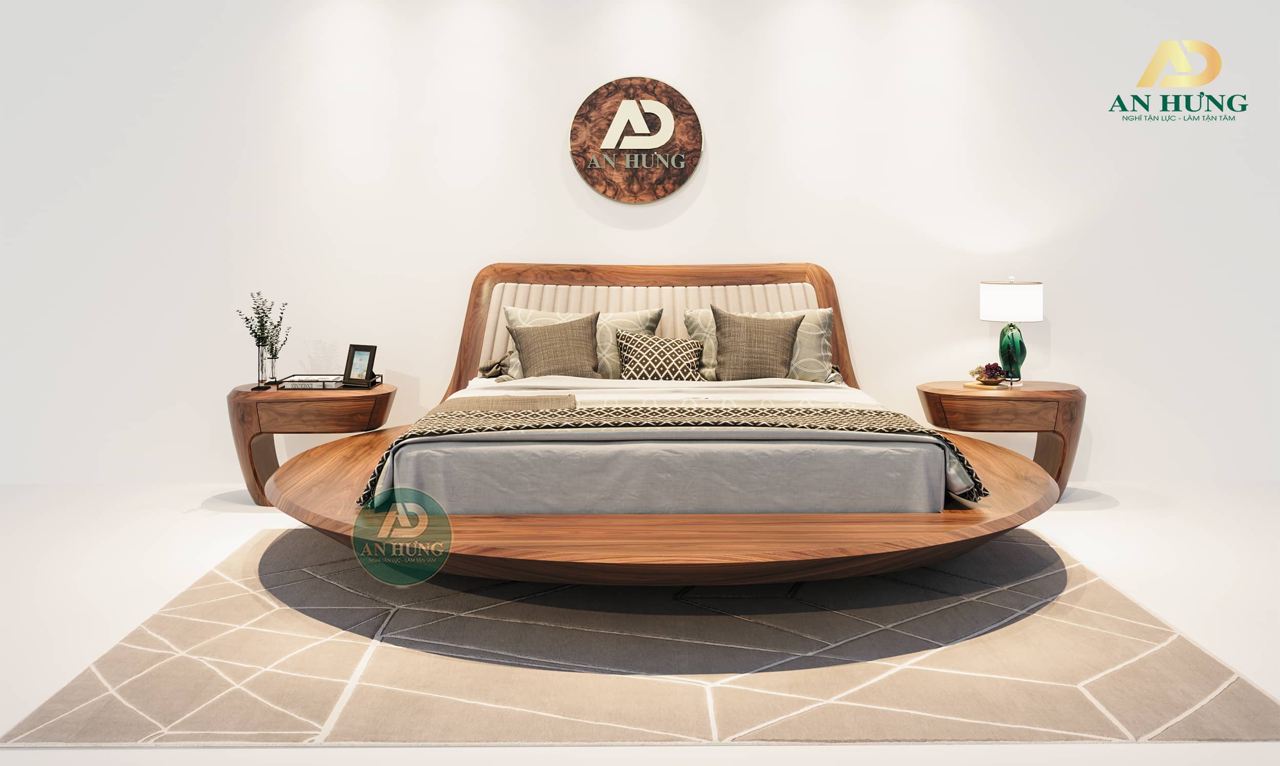 Thiết kế giường gỗ óc chó dáng tròn