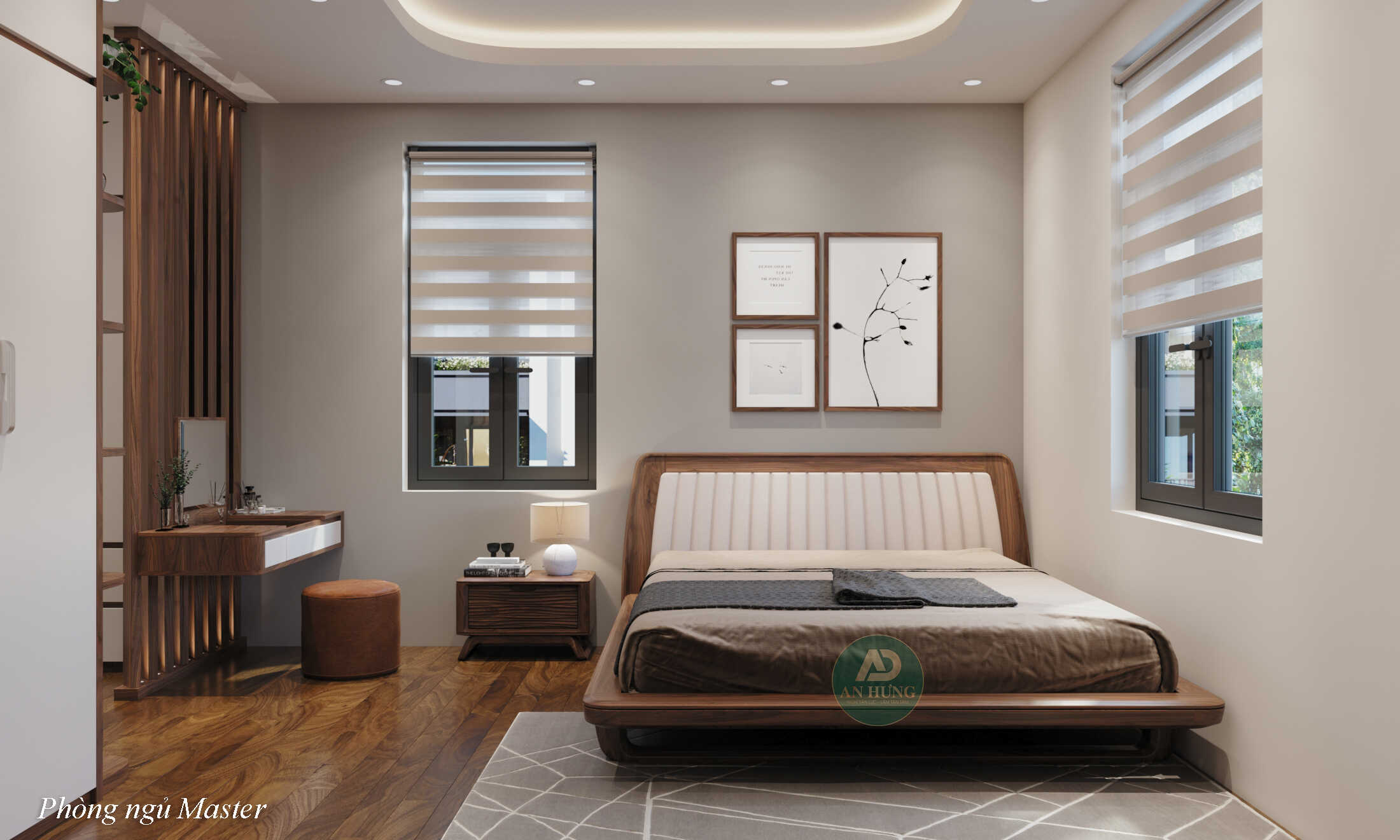 Thiết kế nội thất phòng ngủ sử dụng giường gỗ óc chó hiện đại