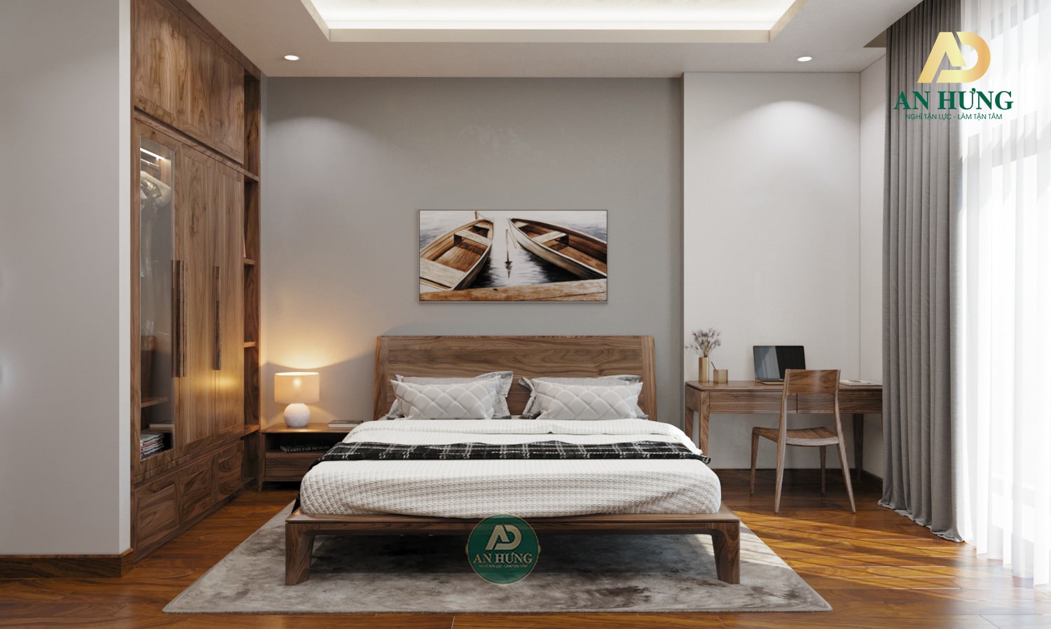 Giường kết hợp cùng tủ áo âm tường chất liệu gỗ óc chó