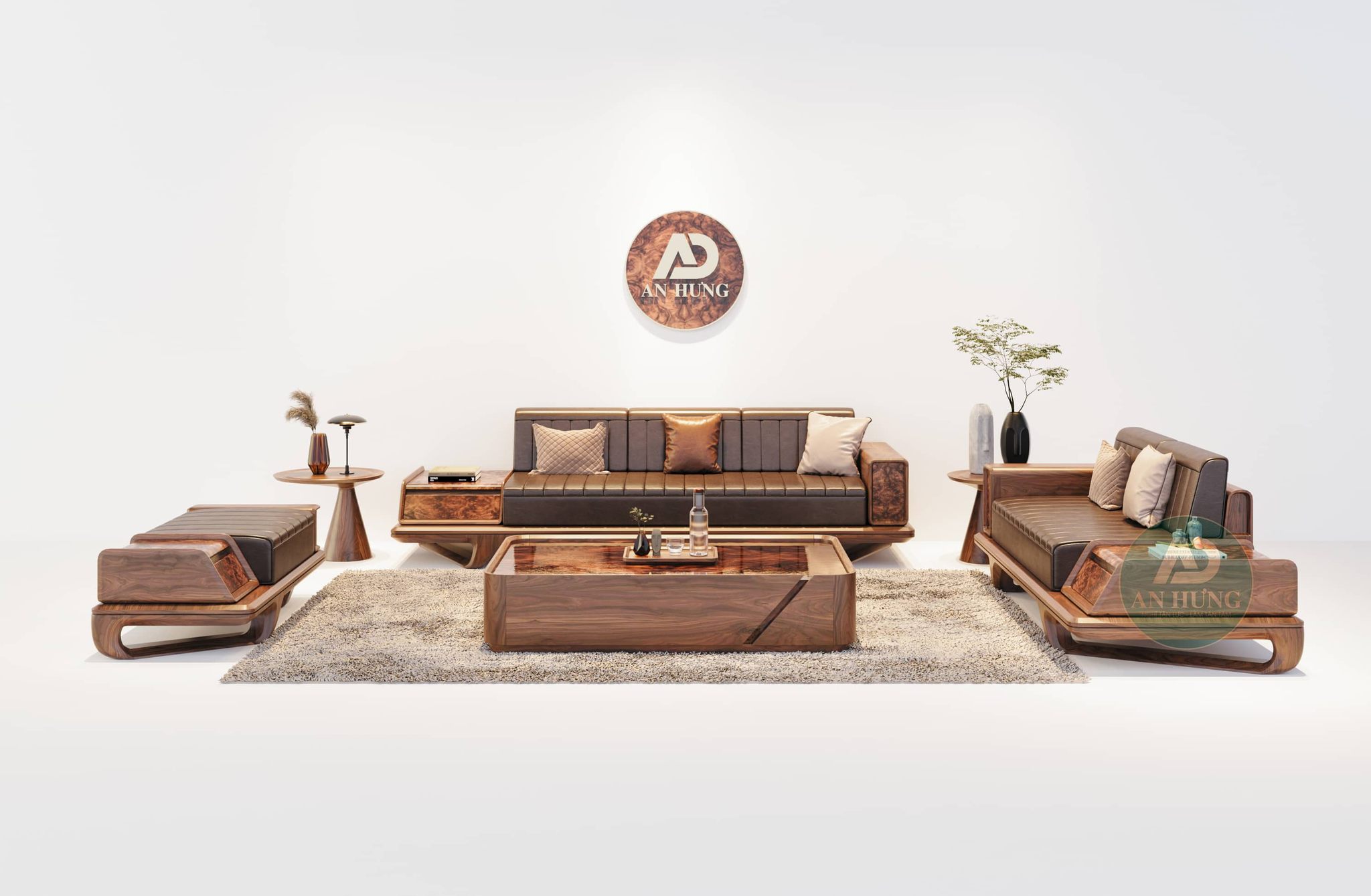 Mẫu Sofa gỗ tự nhiên kết hợp nệm da nhập khẩu