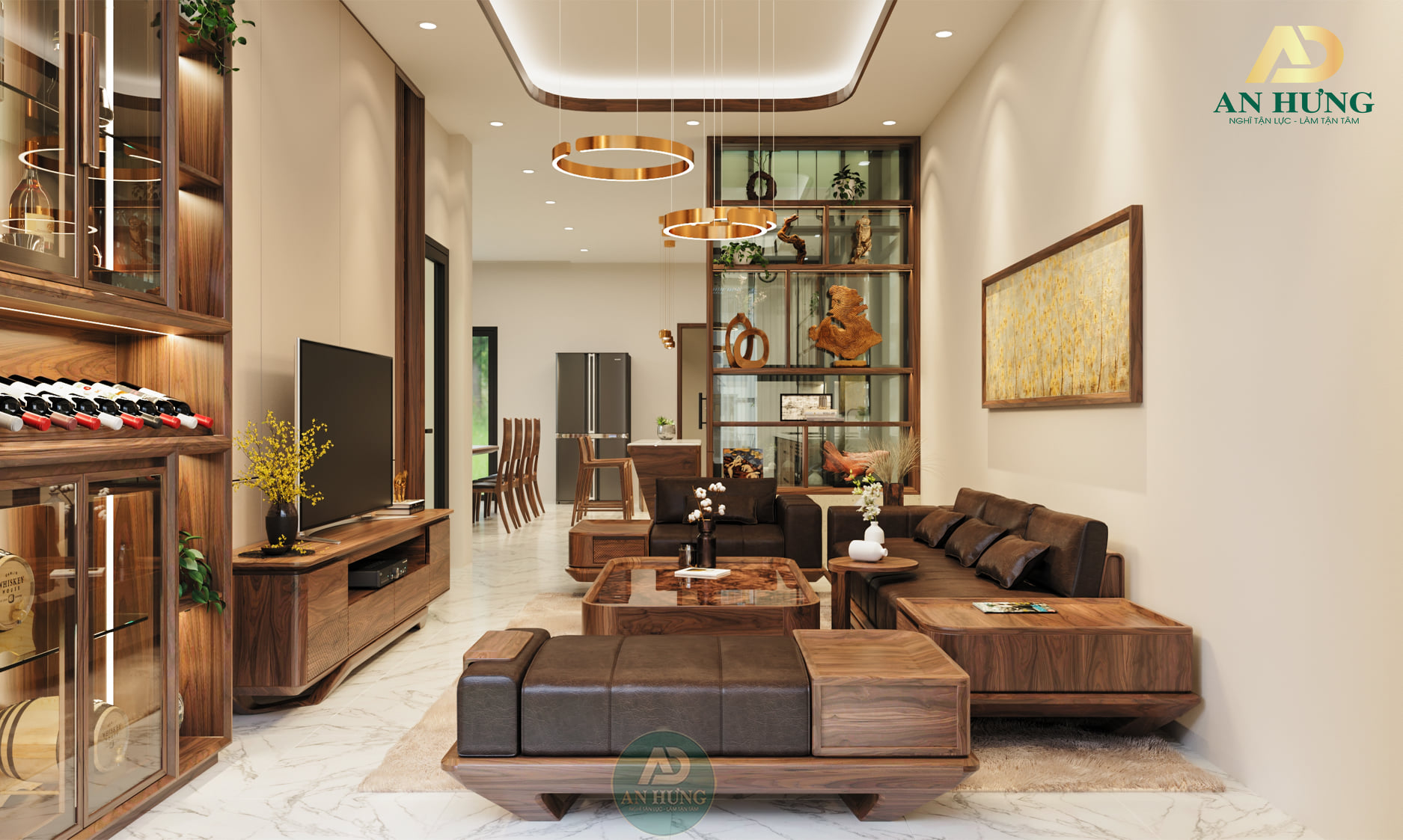 Thiết kế nội thất phòng khách gỗ tự nhiên cho nhà phố hiện đại