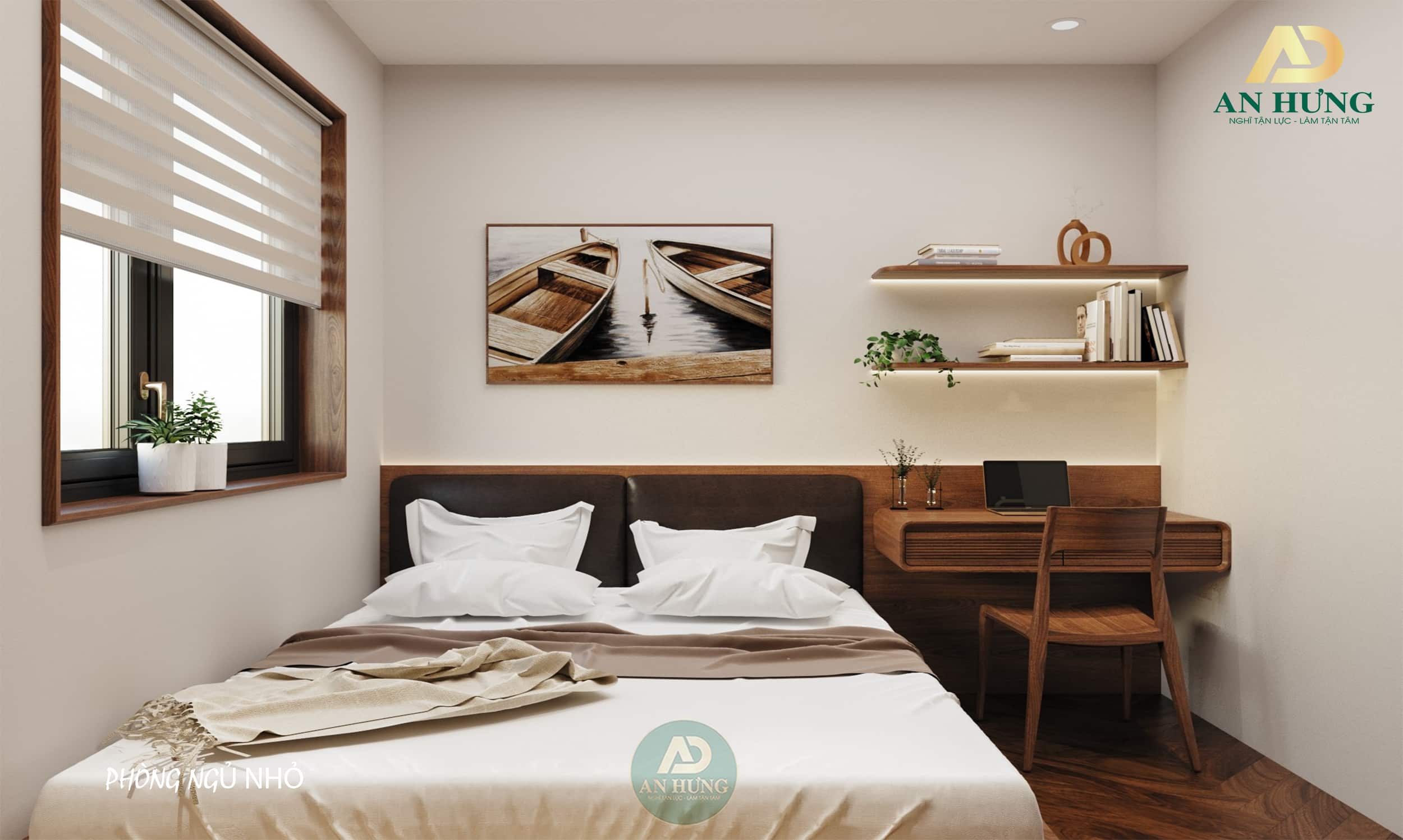 Phòng ngủ sử dụng nội thất gỗ óc chó, kiểu dáng nhỏ gọn