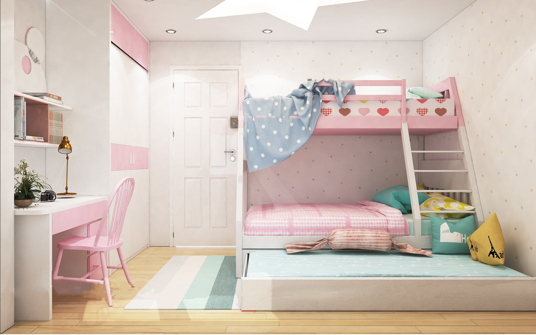 Mẫu giường tầng màu hồng xinh xắn - GT41