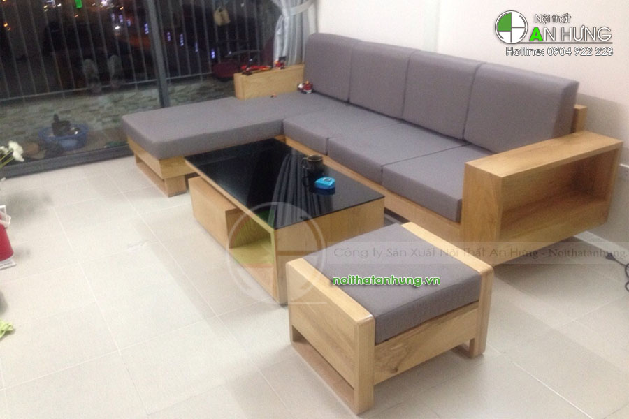 Mẫu sofa gỗ góc | bàn ghế sofa gỗ phòng khách chữ L - Chị Huyền - KĐT Nam An Khánh
